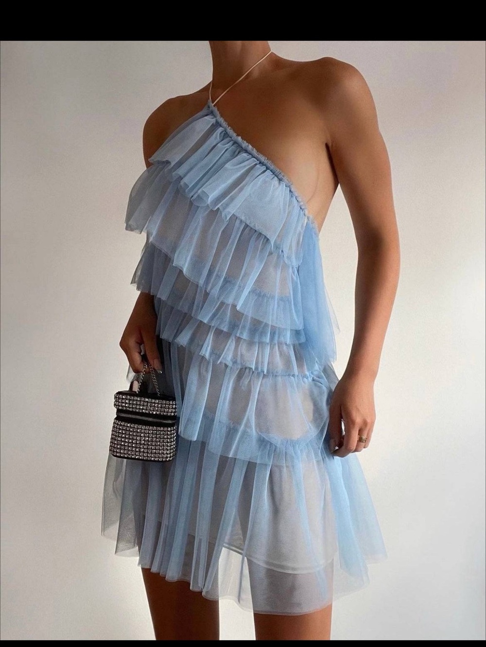 The Bar Lou Dress in Azure Ruffle Halter Blue size 2 - Picture 3 of 10